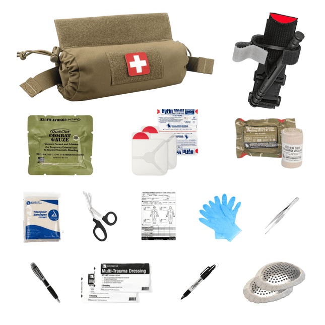 1st Line IFAK trauma kit components including bandages, gauze, scissors, and gloves for emergency care.