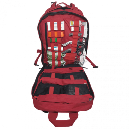 STOMP trauma backpack open view showing fully stocked first aid trauma kit with tourniquet and hemostatics for tactical use.