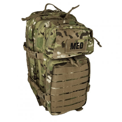 Front view of closed EFA Tactical Trauma Kit in a compact multicam MOLLE pouch with cross patch identifier. Designed for quick access in tactical, emergency, or survival situations. Color multicam / camoflauge