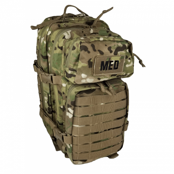 Front view of closed EFA Tactical Trauma Kit in a compact multicam MOLLE pouch with cross patch identifier. Designed for quick access in tactical, emergency, or survival situations. Color multicam / camoflauge