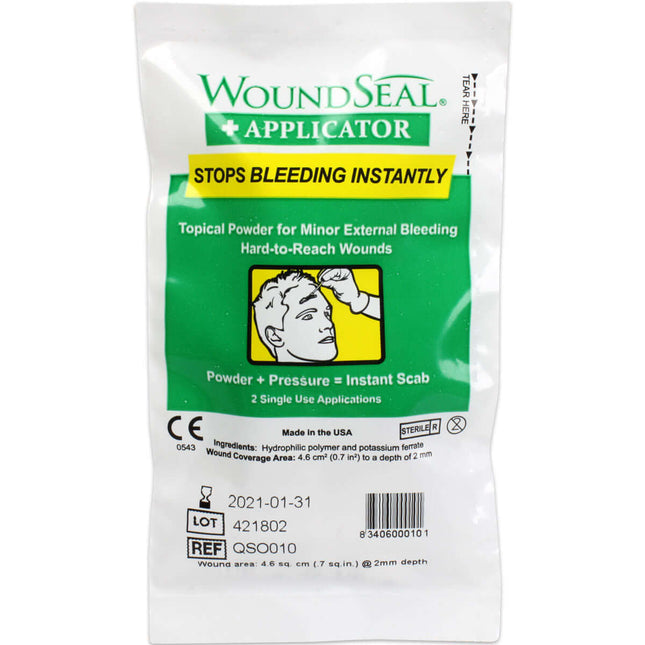 QR WoundSeal + Applicator packaging for instant bleeding control in minor external wounds.