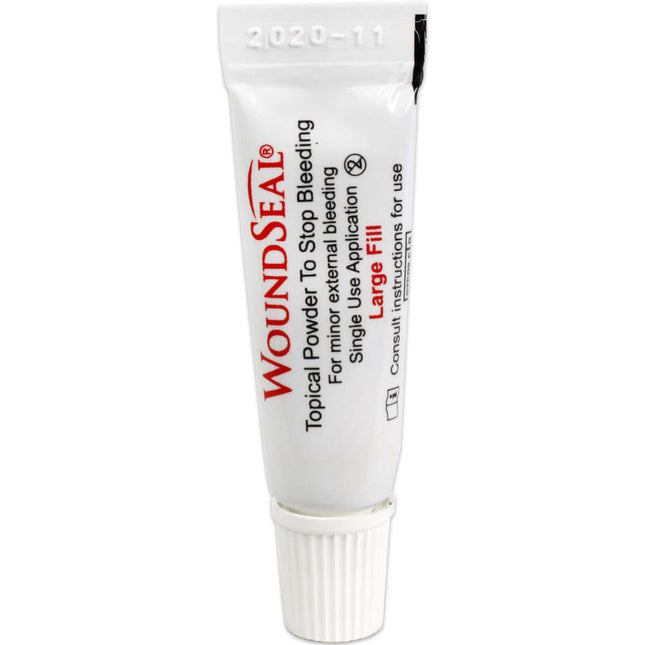 WoundSeal topical powder tube for stopping external bleeding, single-use application in a portable pack