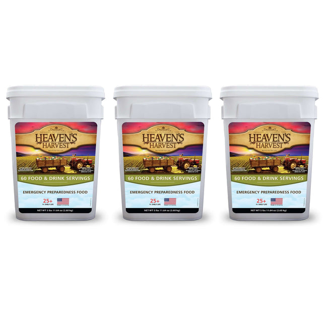 Three buckets of Heaven's Harvest emergency food kits containing 60 servings each for preparedness.