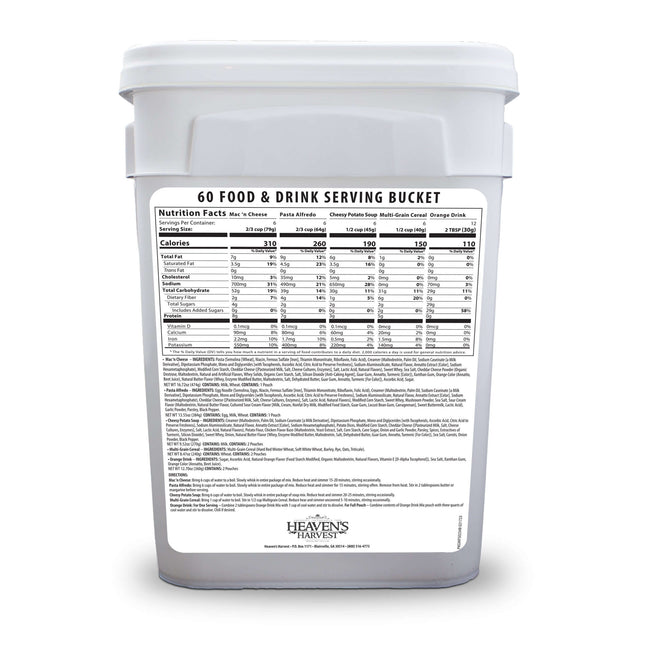 Nutrition facts label on a 60 serving emergency food and drink bucket, including calories and serving sizes.