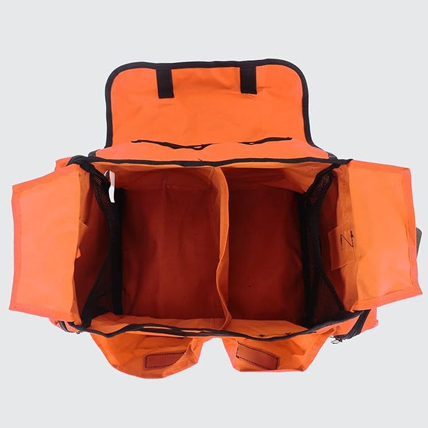 Interior view of a durable, high-visibility First Responder trauma care medical bag for organized emergency supplies.