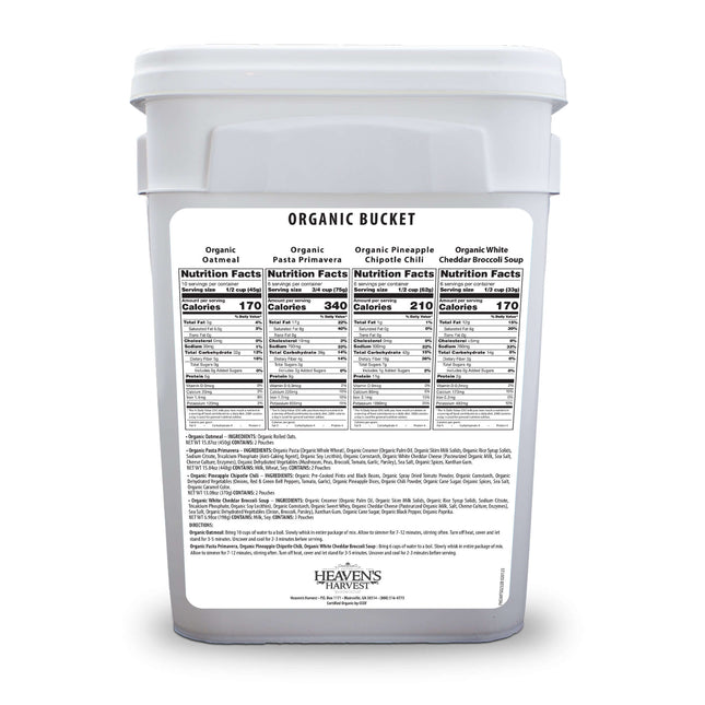 Organic Meal Bucket - 3 Pack -  Emergency Food Survival Kit with nutrition facts label on container.