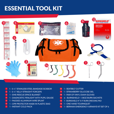 First Responder Trauma Kit tools including scissors, bandages, gloves, and other essential emergency medical supplies.