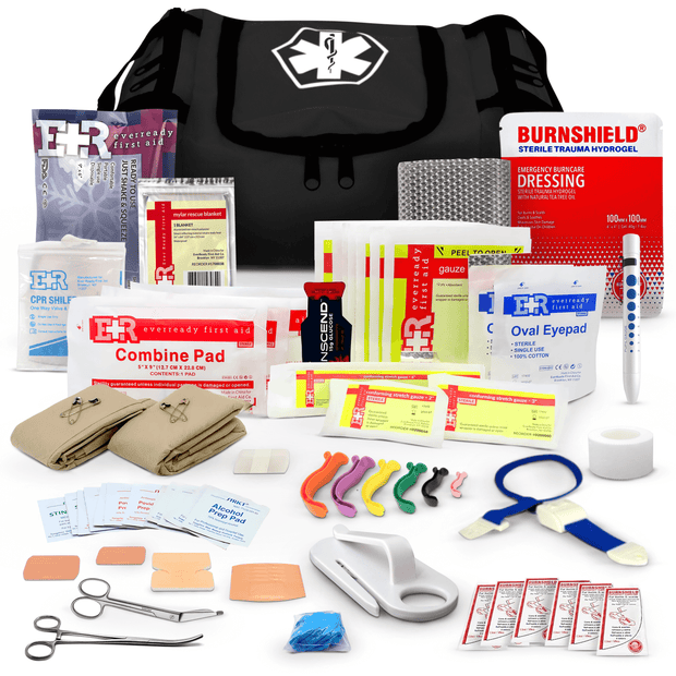 First Responder Trauma Kit with essential medical supplies and high-visibility EMS bag for rapid emergency response.