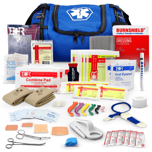 Fully stocked First Responder Trauma Kit with bandages, dressings, and EMT bag for emergency medical response.