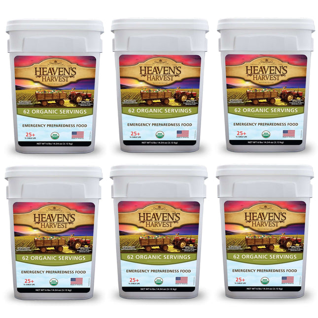 Emergency food survival kit with six buckets, each containing 62 organic servings for preparedness.