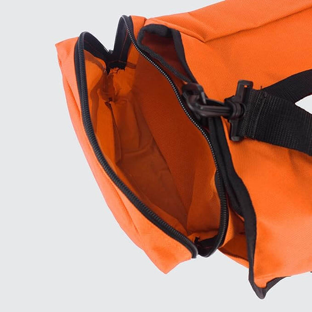 Inside view of the fully stocked First Responder EMT trauma bag in bright orange color.