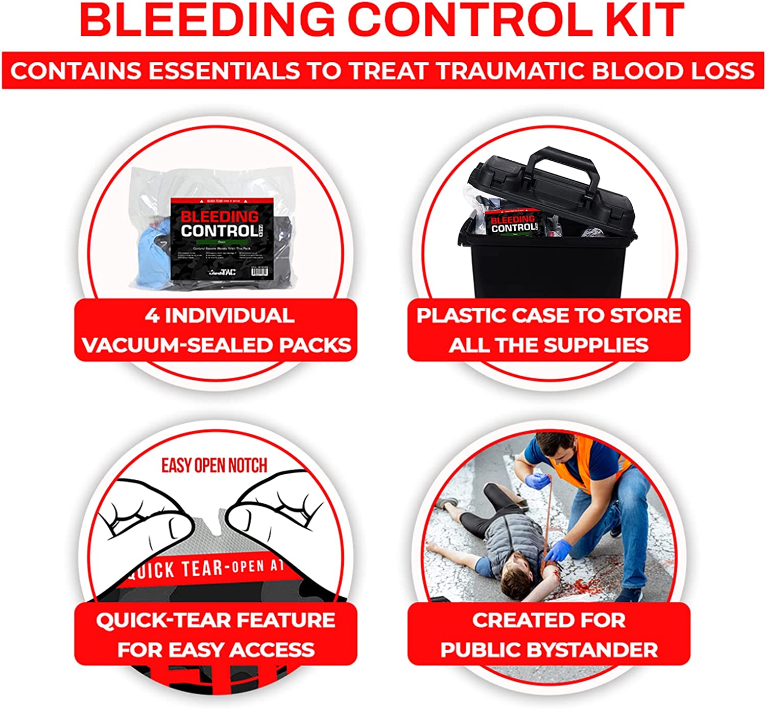 MediTac Bleeding Control Kit | 4x Individual Vacuum-Sealed Trauma Packs