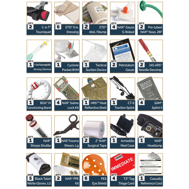 Medic Trauma Pack contents including tourniquet, dressing, airway device, and medical tools for effective casualty response.