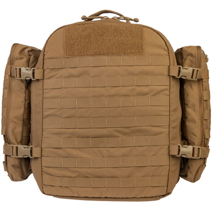 Tan tactical backpack with multiple straps and patches on a white background