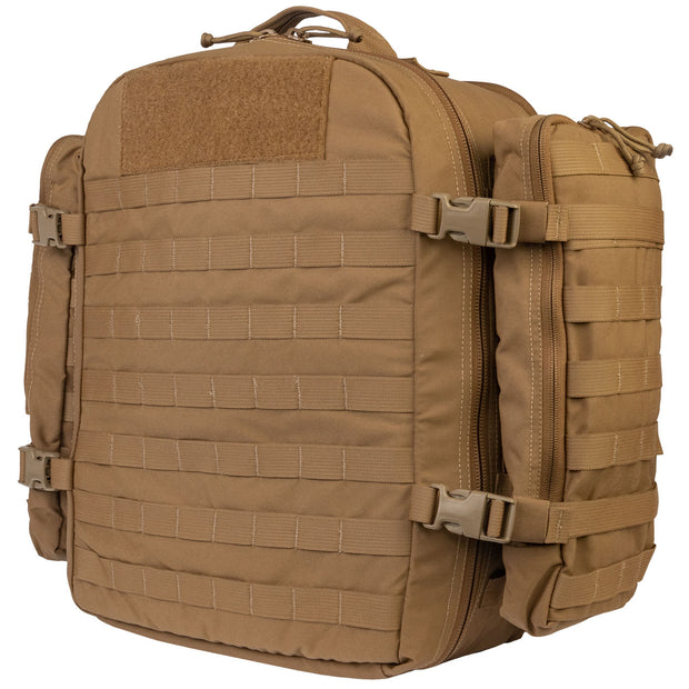 Tan tactical backpack with multiple straps and compartments on a white background