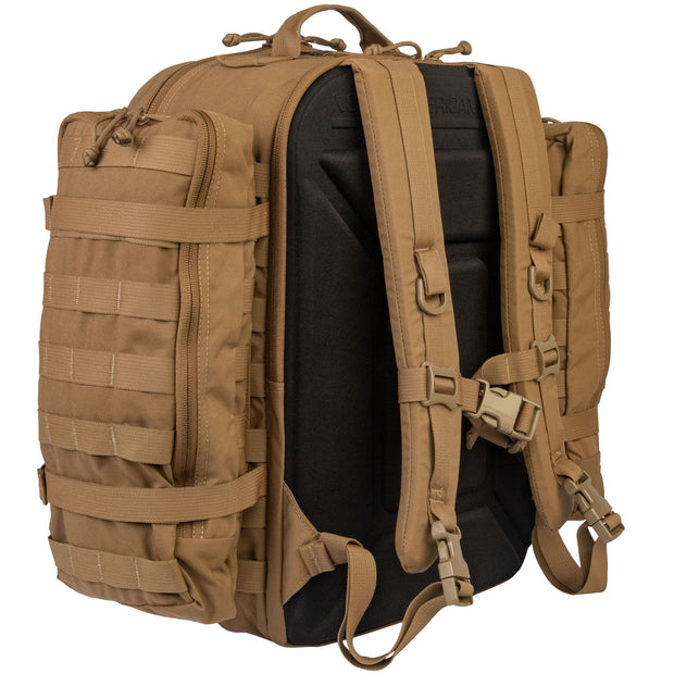 Tan tactical backpack with multiple straps and compartments on a white background