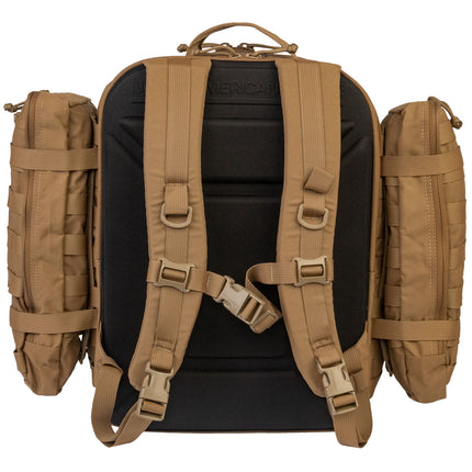 Brown tactical backpack with multiple straps on a white background