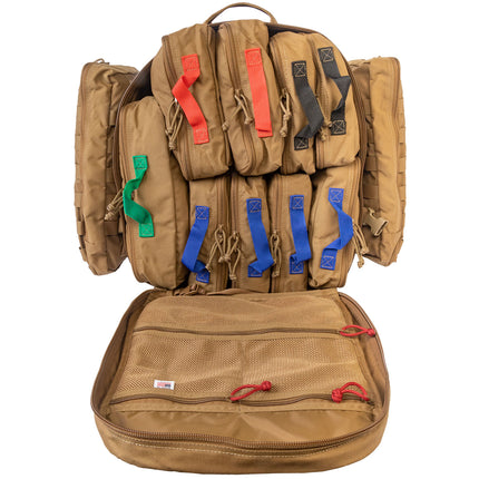 Brown tactical backpack with multiple pouches and colorful straps on a white background