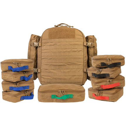 Set of tan military-style bags with color-coded zippers on a white background