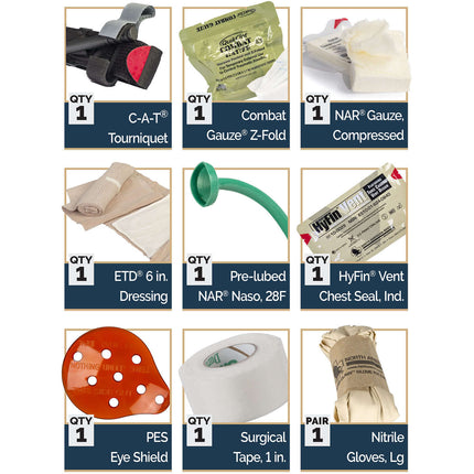 Collection of medical supplies including a tourniquet, gauze, and other first aid items on a white background.