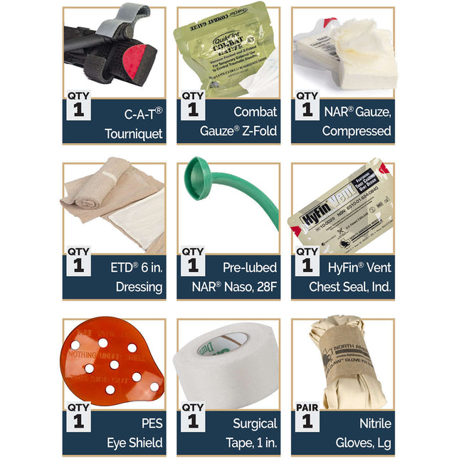 Collection of medical supplies including a tourniquet, gauze, and other first aid items on a white background.