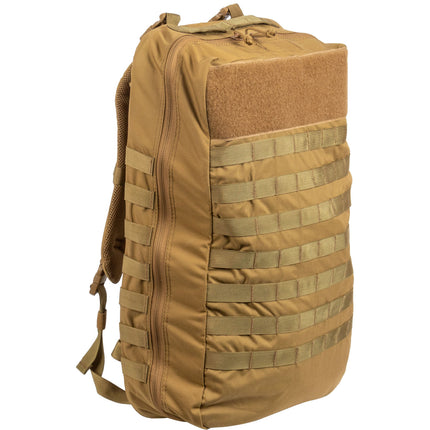 Tan tactical backpack with multiple straps on a white background