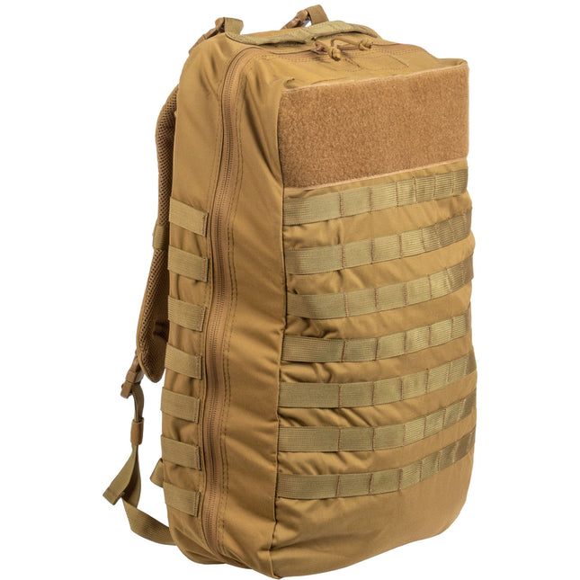Tan tactical backpack with multiple straps on a white background