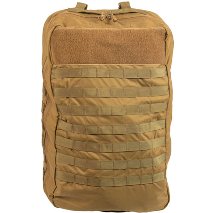 Tan tactical backpack with multiple straps on a white background