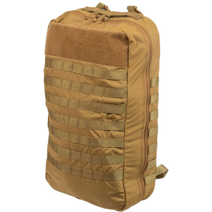 Tan tactical backpack with multiple straps on a white background