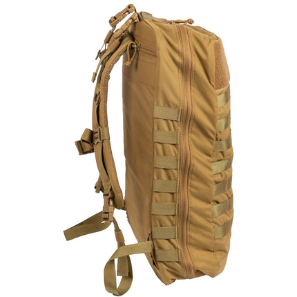 Tan tactical backpack with multiple straps and pouches on a white background
