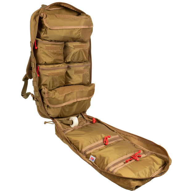 Brown tactical backpack with multiple compartments on a white background