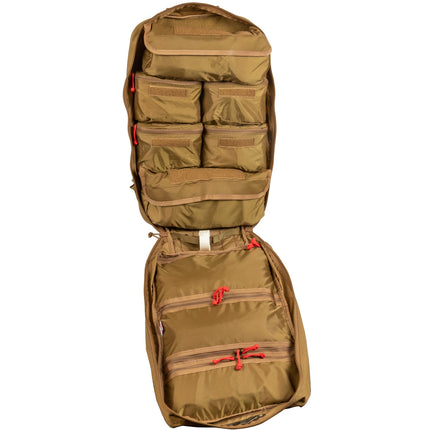 Brown tactical backpack with multiple pockets on a white background