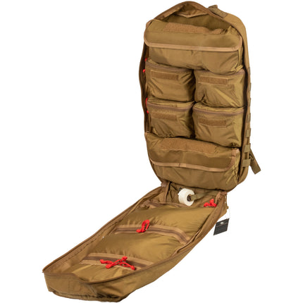 Brown tactical backpack with multiple compartments on a white background