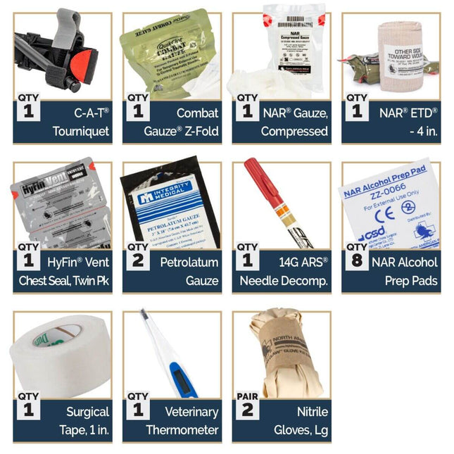 K-9 Handler IFAK components including tourniquet, gauze, chest seal, and gloves.