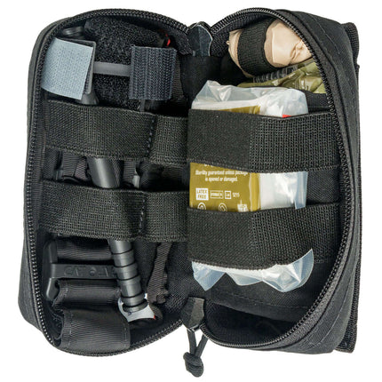 Black tactical pouch with various compartments and items on a white background
