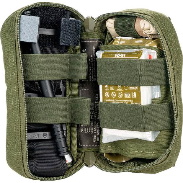 M-FAK Mini First Aid Kit – Compact Trauma Response opened with essential supplies for emergency treatment.