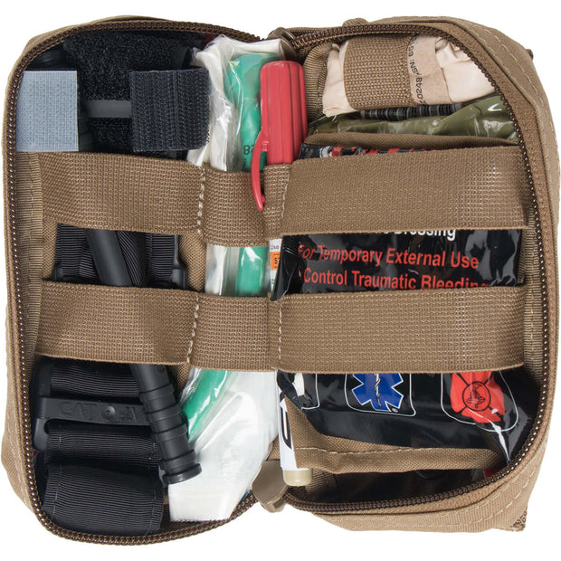 M-FAK Mini First Aid Kit – Compact Trauma Response open, showcasing essential trauma supplies and organization.