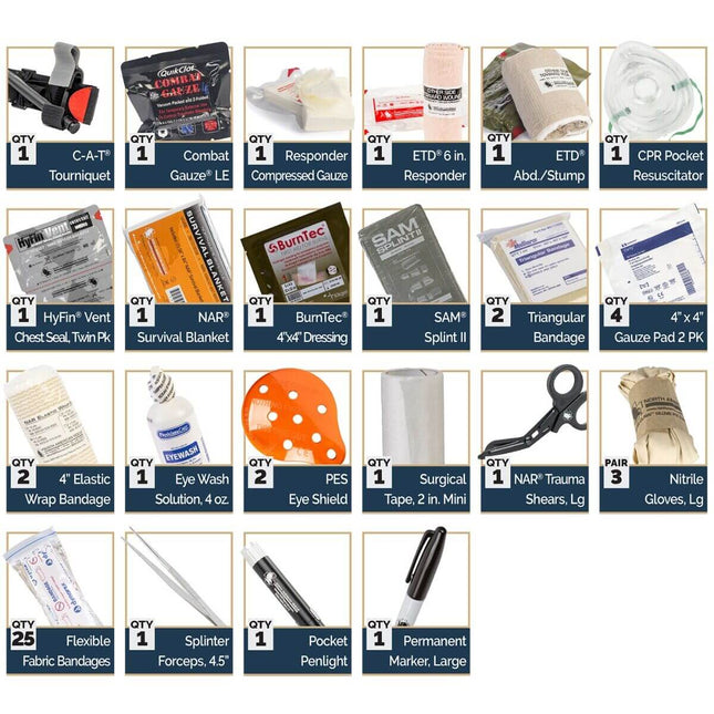 Patrol Vehicle Trauma Kit contents including Combat Gauze, tourniquet, bandages, and medical tools.