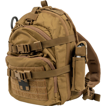 Brown tactical backpack on a white background