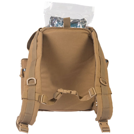 Brown backpack with multiple straps on a white background