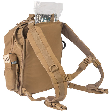 Tan backpack with multiple straps and a visible brand logo on a white background