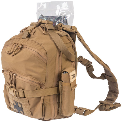 Tan tactical backpack with multiple straps and pouches on a white background