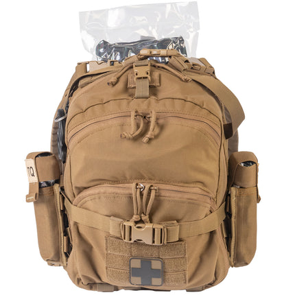 Tan tactical backpack with medical cross patch on a white background