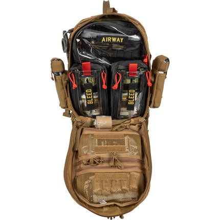 Tactical backpack with medical supplies on a white background