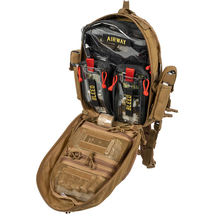 Tactical backpack with medical supplies on a white background