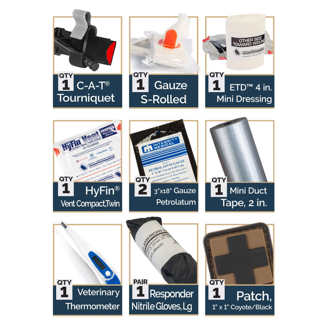 K9 Handler ROO M-FAK components including tourniquet, gauze, mini dressing, and gloves.