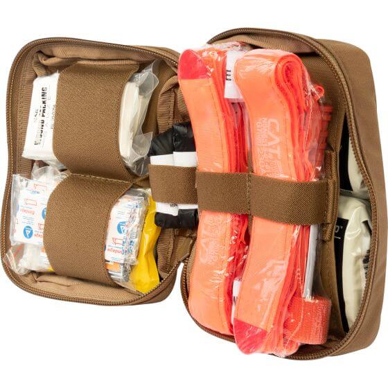 Headrest IFAK kit showing various medical supplies and trauma tools organized in a compact, durable case.