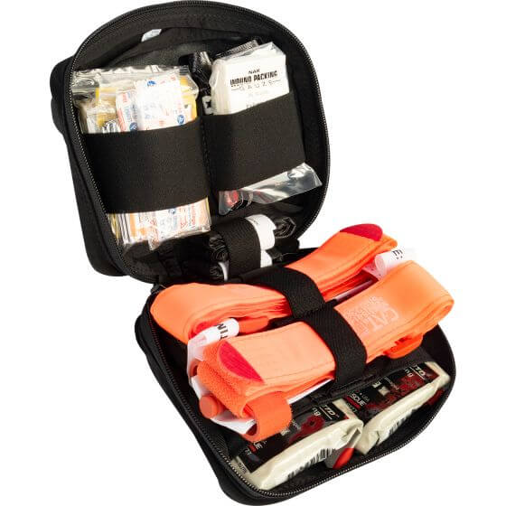 Open Headrest IFAK kit showcasing medical supplies and trauma gear for emergencies.