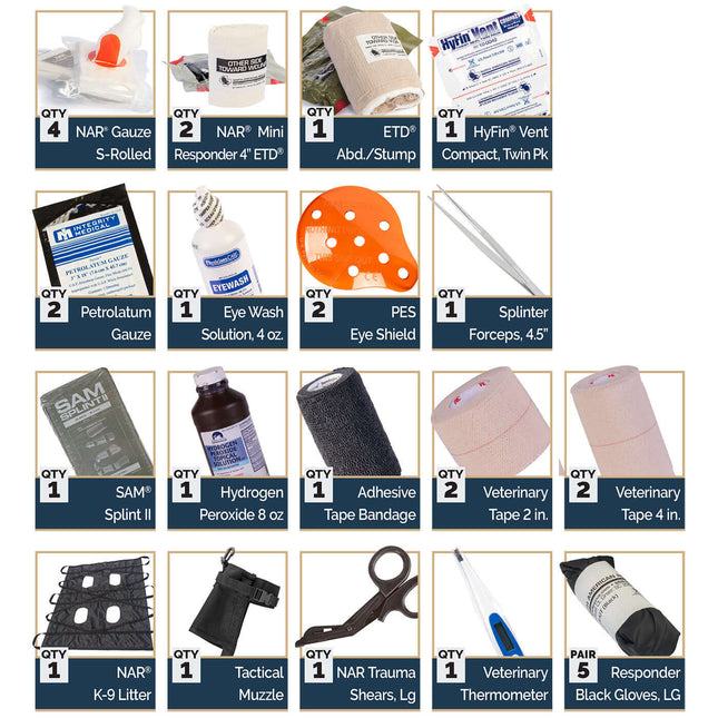 K9 Tactical Field Kit supplies including gauze, splint, tape, and trauma tools for canine emergency care.