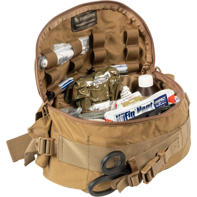 K9 Tactical Field Kit with open bag showcasing essential trauma tools and supplies for canine emergency care.